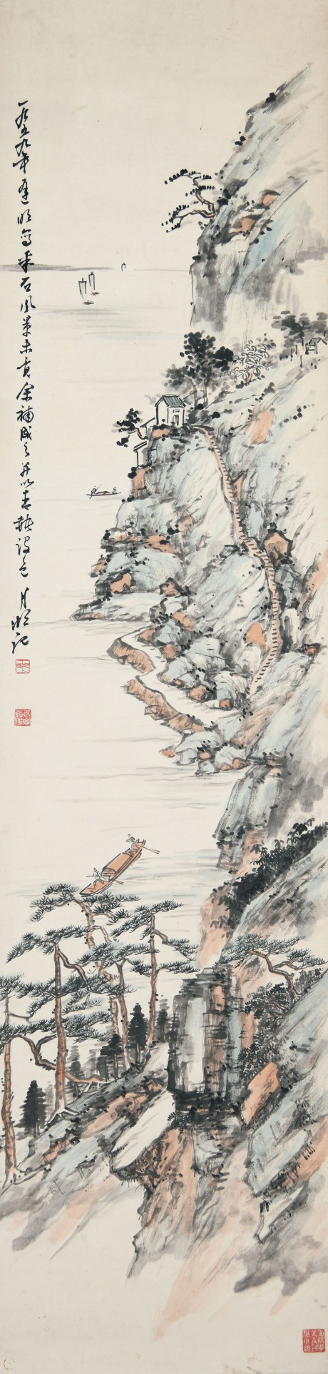 朱月湖  山水鏡片	139×34CM